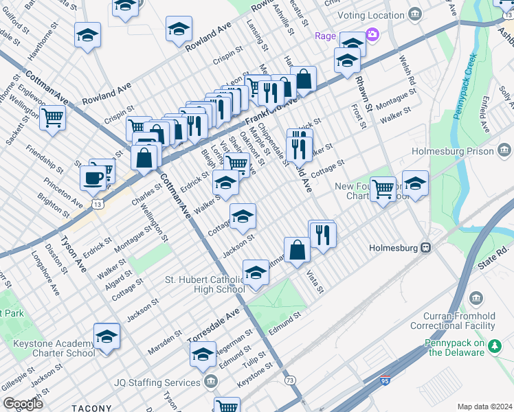 map of restaurants, bars, coffee shops, grocery stores, and more near 4401 Loring Street in Philadelphia