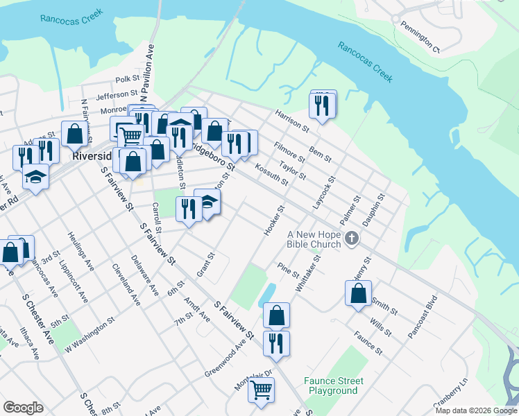 map of restaurants, bars, coffee shops, grocery stores, and more near 511 Howard Street in Riverside