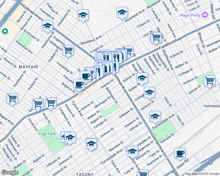 map of restaurants, bars, coffee shops, grocery stores, and more near 7208 Erdrick Street in Philadelphia