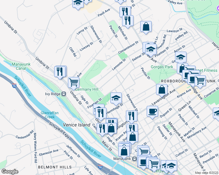 map of restaurants, bars, coffee shops, grocery stores, and more near 234 Fountain Street in Philadelphia