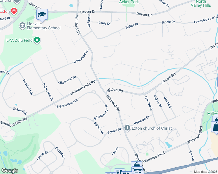 map of restaurants, bars, coffee shops, grocery stores, and more near 318 Long Ridge Lane in Exton