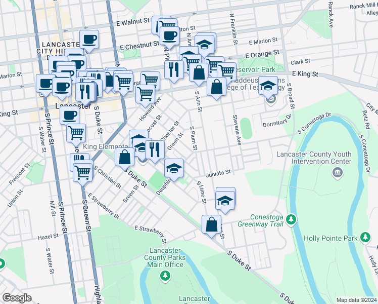 map of restaurants, bars, coffee shops, grocery stores, and more near 572 Pershing Avenue in Lancaster