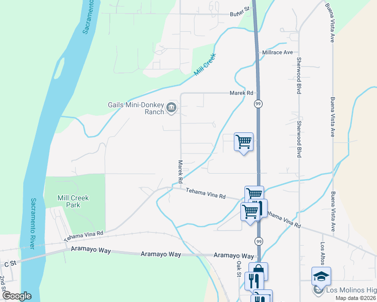 map of restaurants, bars, coffee shops, grocery stores, and more near 8230 Marek Road in Los Molinos