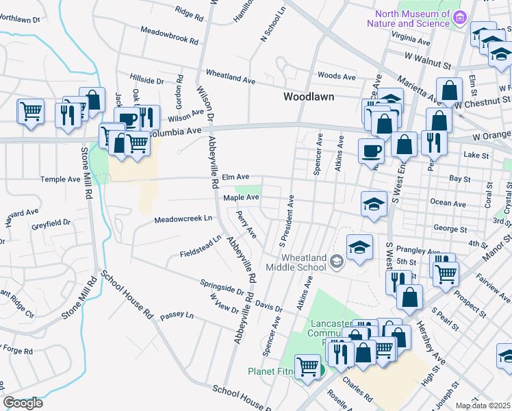 map of restaurants, bars, coffee shops, grocery stores, and more near 206 South School Lane in Lancaster
