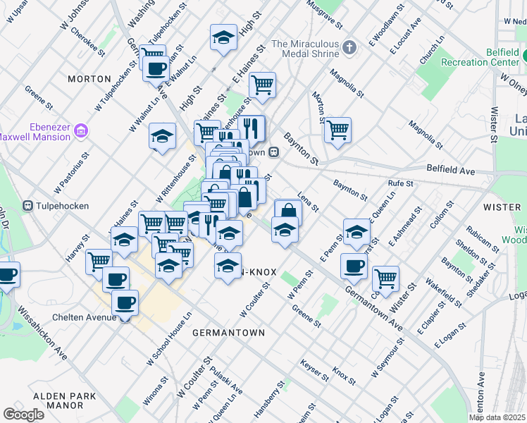 map of restaurants, bars, coffee shops, grocery stores, and more near 25 East School House Lane in Philadelphia