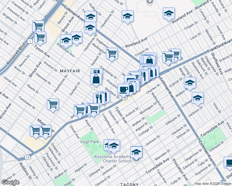 map of restaurants, bars, coffee shops, grocery stores, and more near 3429 Brighton Street in Philadelphia