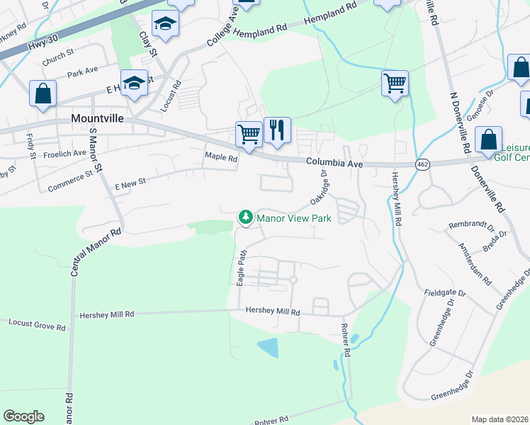 map of restaurants, bars, coffee shops, grocery stores, and more near 332 Oakridge Drive in Mountville