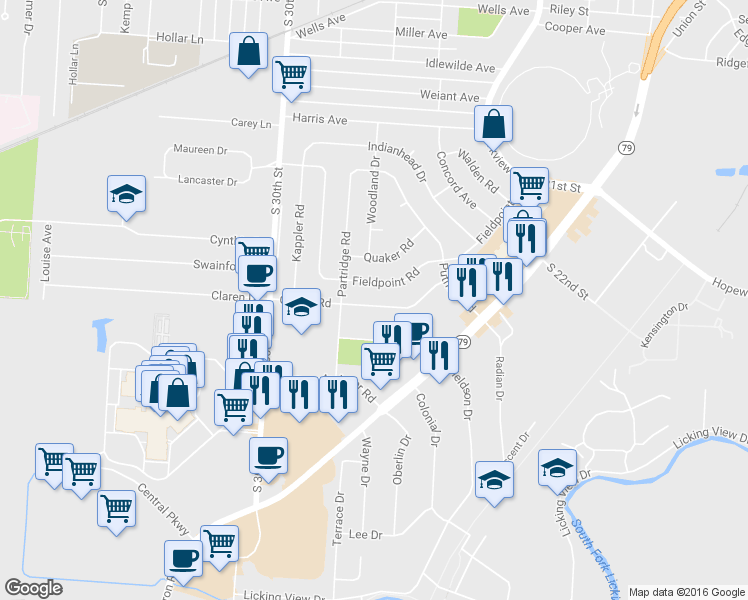 map of restaurants, bars, coffee shops, grocery stores, and more near 150 Custer Road in Heath