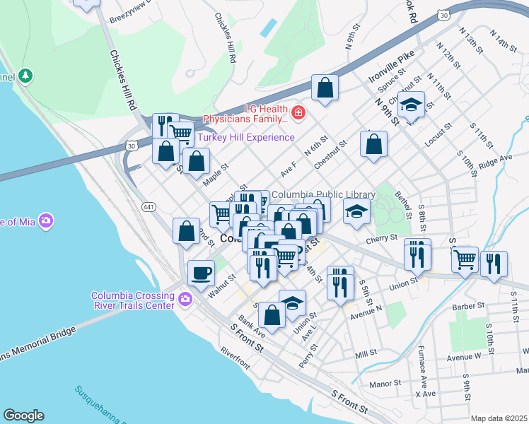 map of restaurants, bars, coffee shops, grocery stores, and more near 402 Chestnut Street in Columbia