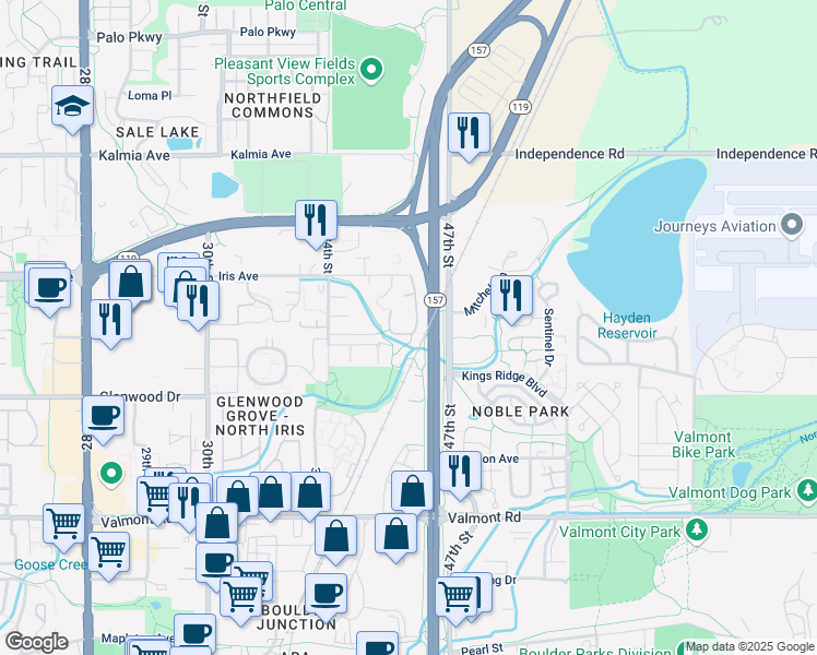 map of restaurants, bars, coffee shops, grocery stores, and more near 3865 Talisman Place in Boulder