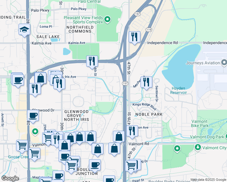 map of restaurants, bars, coffee shops, grocery stores, and more near 3865 Talisman Place in Boulder