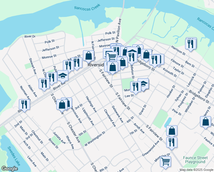 map of restaurants, bars, coffee shops, grocery stores, and more near 105 3rd Street in Riverside