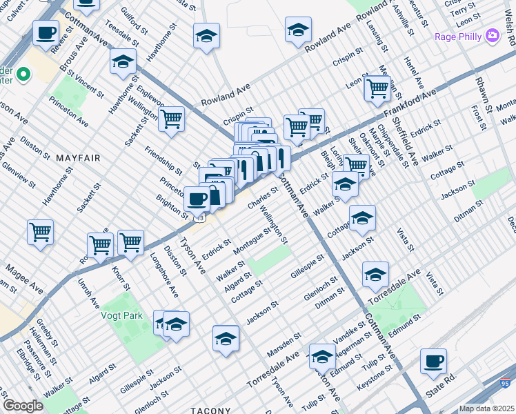 map of restaurants, bars, coffee shops, grocery stores, and more near 7183 Charles Street in Philadelphia