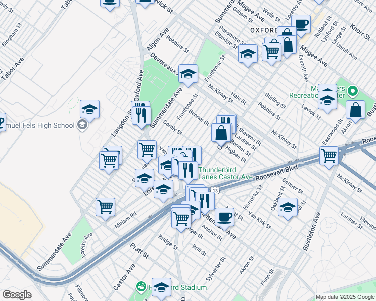 map of restaurants, bars, coffee shops, grocery stores, and more near 5946 Loretto Avenue in Philadelphia