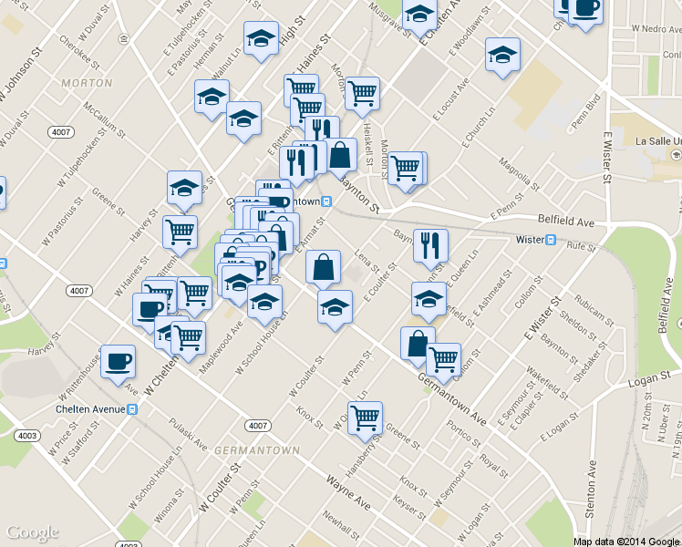 map of restaurants, bars, coffee shops, grocery stores, and more near 51 Church Lane in Philadelphia