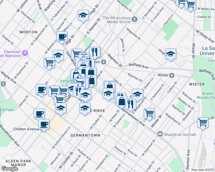 map of restaurants, bars, coffee shops, grocery stores, and more near 51 Church Lane in Philadelphia