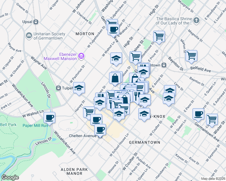 map of restaurants, bars, coffee shops, grocery stores, and more near 5810 Greene Street in Philadelphia