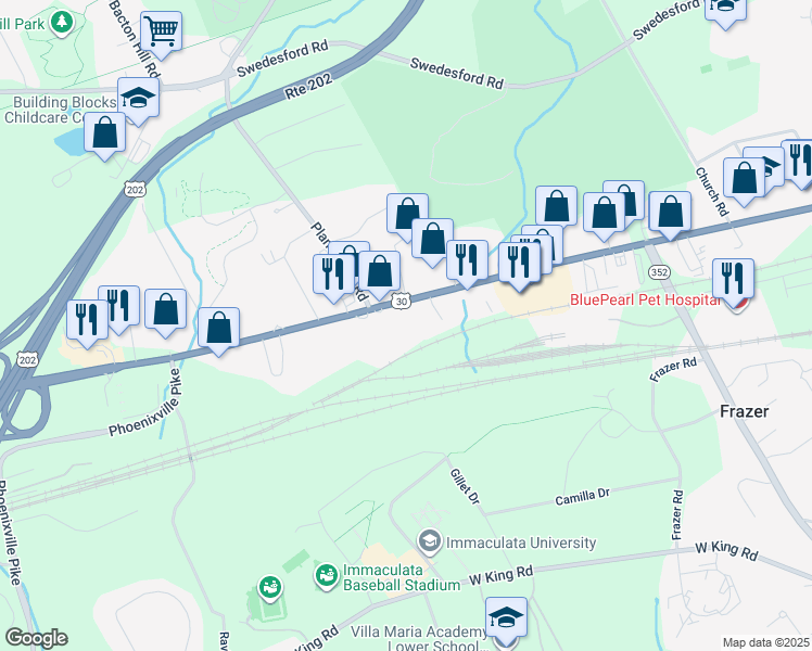map of restaurants, bars, coffee shops, grocery stores, and more near 560 Lancaster Avenue in Malvern