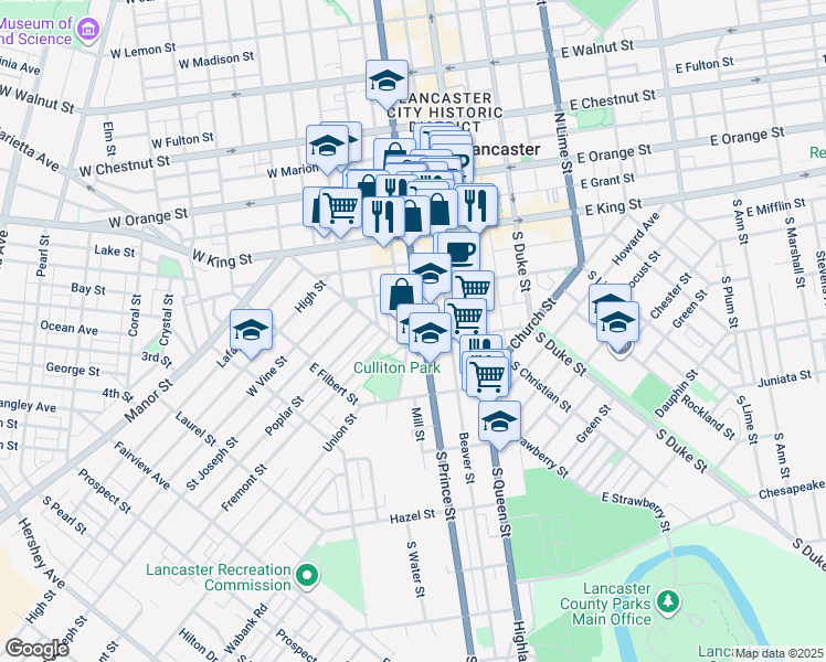 map of restaurants, bars, coffee shops, grocery stores, and more near 131 South Water Street in Lancaster