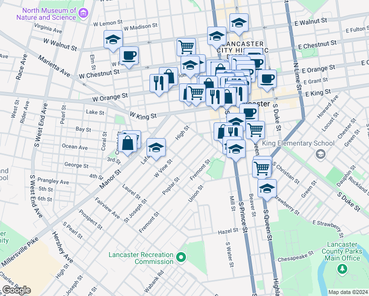 map of restaurants, bars, coffee shops, grocery stores, and more near 434 West Vine Street in Lancaster