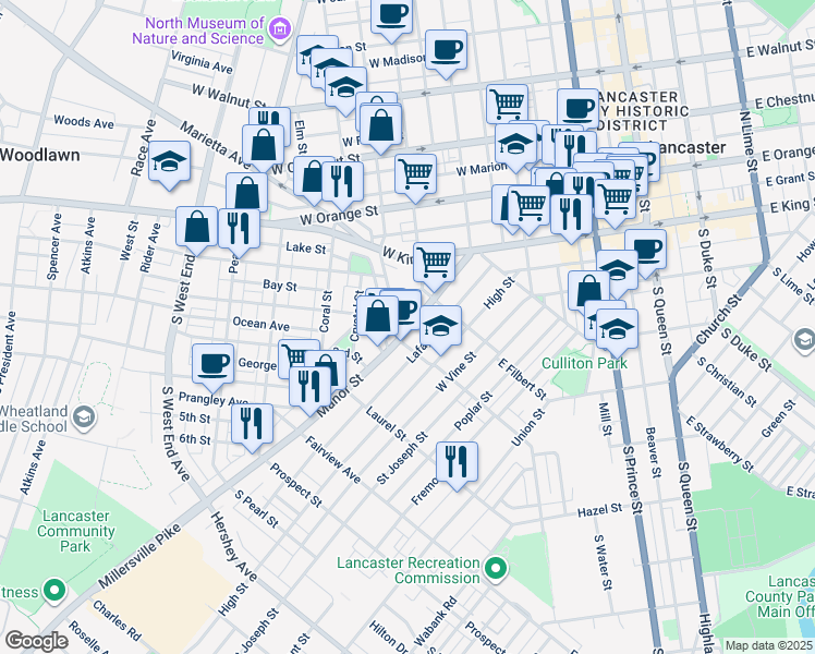 map of restaurants, bars, coffee shops, grocery stores, and more near in Lancaster