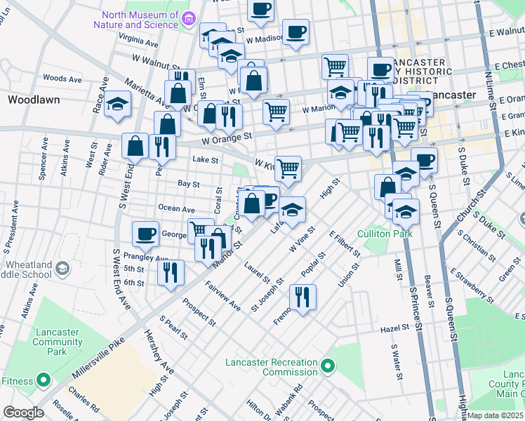 map of restaurants, bars, coffee shops, grocery stores, and more near 146 Old Dorwart Street in Lancaster