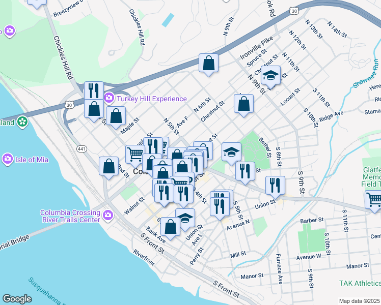map of restaurants, bars, coffee shops, grocery stores, and more near 477 Walnut Street in Columbia