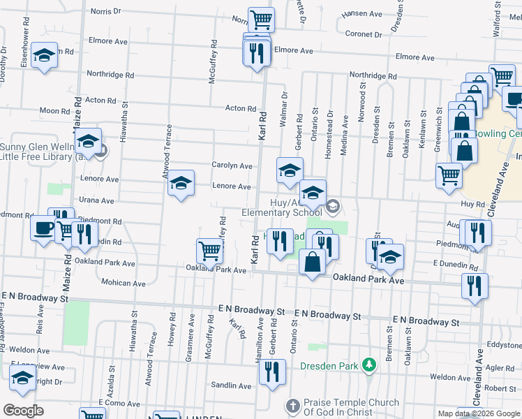 map of restaurants, bars, coffee shops, grocery stores, and more near 3355 Walmar Drive in Columbus