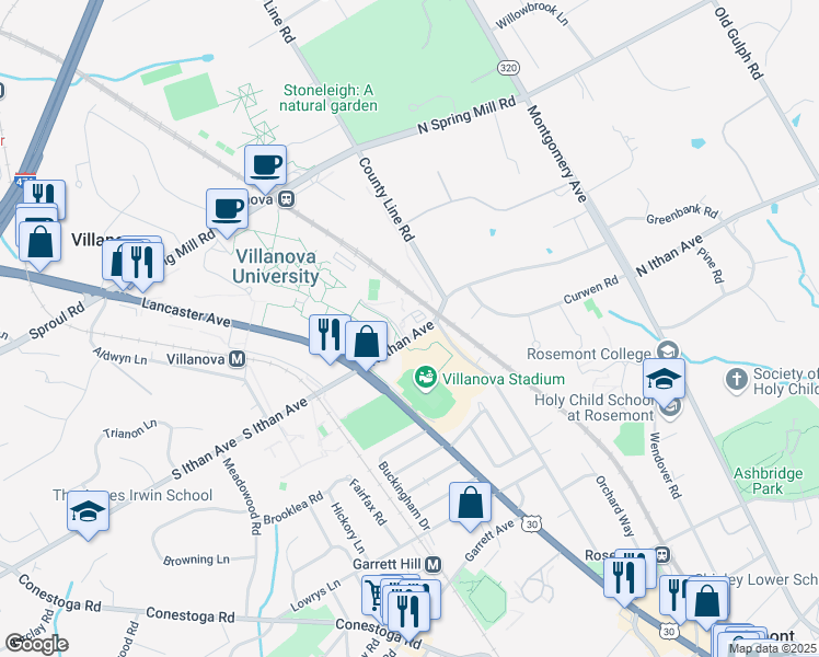 map of restaurants, bars, coffee shops, grocery stores, and more near in Villanova