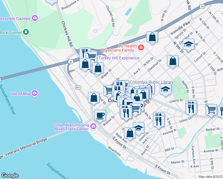 map of restaurants, bars, coffee shops, grocery stores, and more near 249 North 3rd Street in Columbia