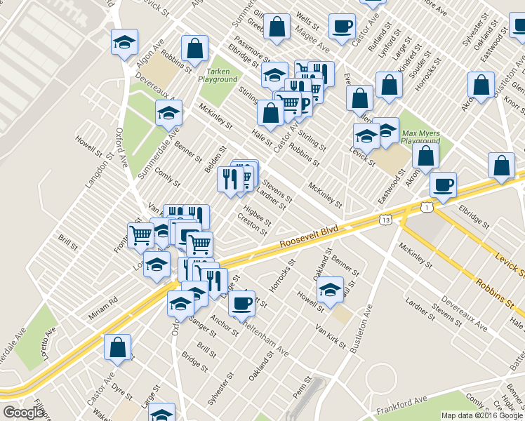 map of restaurants, bars, coffee shops, grocery stores, and more near 1440 Benner Street in Philadelphia