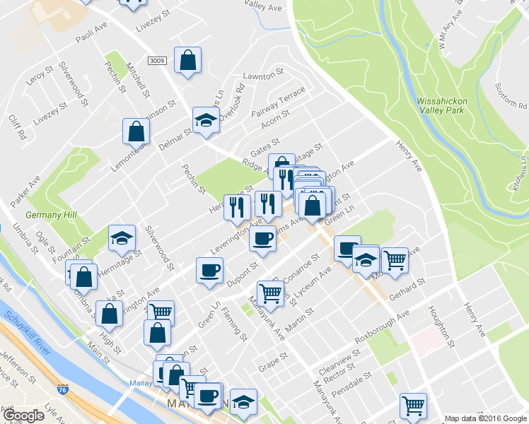 map of restaurants, bars, coffee shops, grocery stores, and more near 442 Leverington Avenue in Philadelphia