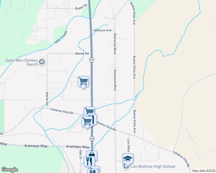 map of restaurants, bars, coffee shops, grocery stores, and more near 25195 Skeet Street in Los Molinos