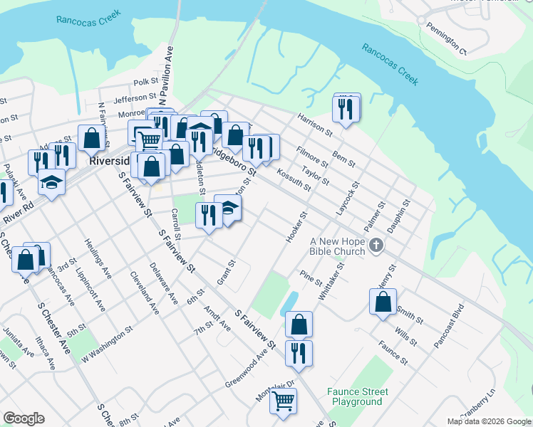 map of restaurants, bars, coffee shops, grocery stores, and more near 218 Paine Street in Riverside