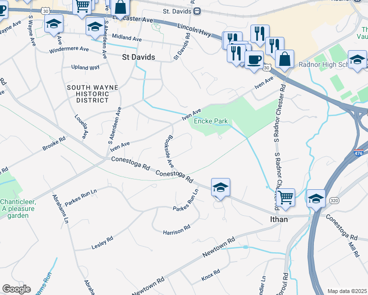map of restaurants, bars, coffee shops, grocery stores, and more near 336 Oak Terrace in Wayne