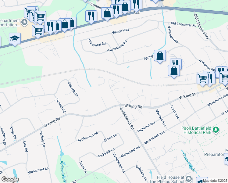 map of restaurants, bars, coffee shops, grocery stores, and more near 45 Landmark Drive in Malvern