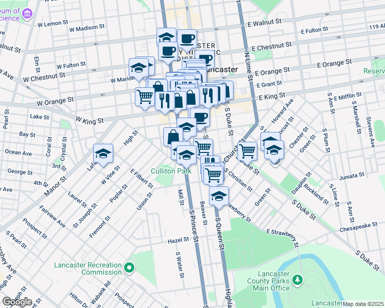 map of restaurants, bars, coffee shops, grocery stores, and more near 35 West Farnum Street in Lancaster