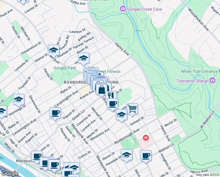 map of restaurants, bars, coffee shops, grocery stores, and more near 540 Green Lane in Philadelphia