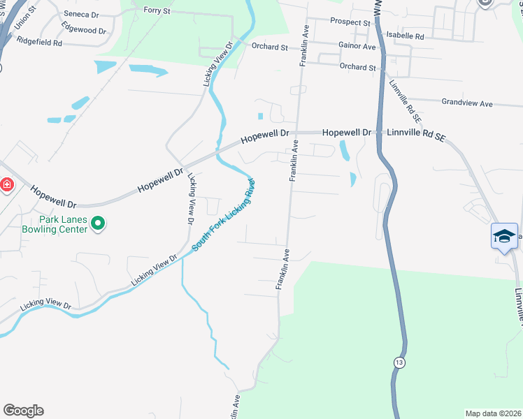 map of restaurants, bars, coffee shops, grocery stores, and more near 635 Franklin Ave in Heath