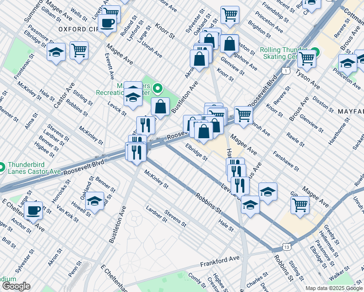 map of restaurants, bars, coffee shops, grocery stores, and more near 2608 Elbridge Street in Philadelphia