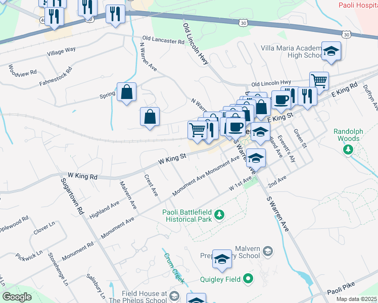 map of restaurants, bars, coffee shops, grocery stores, and more near 175 West King Street in Malvern