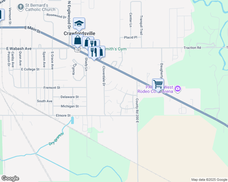 map of restaurants, bars, coffee shops, grocery stores, and more near 2025 Clover Drive in Crawfordsville