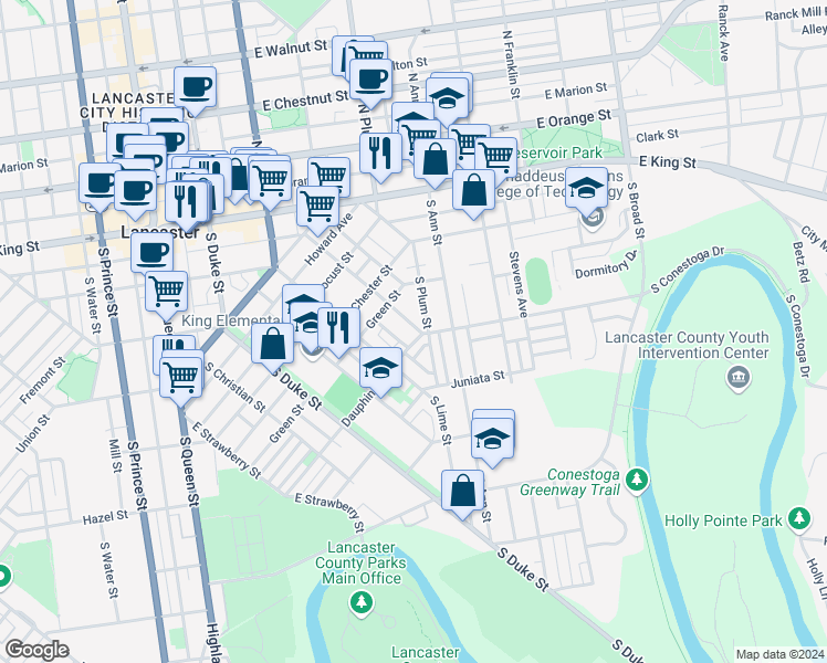 map of restaurants, bars, coffee shops, grocery stores, and more near 572 Pershing Avenue in Lancaster