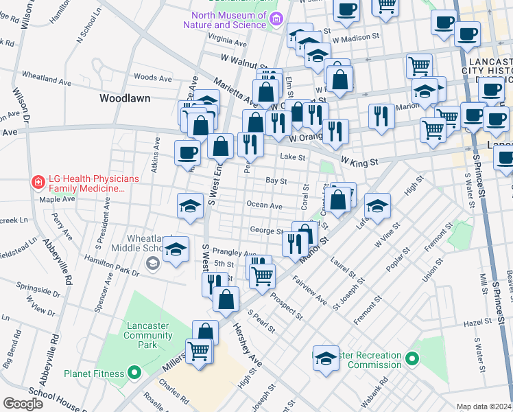 map of restaurants, bars, coffee shops, grocery stores, and more near 26 Ocean Avenue in Lancaster
