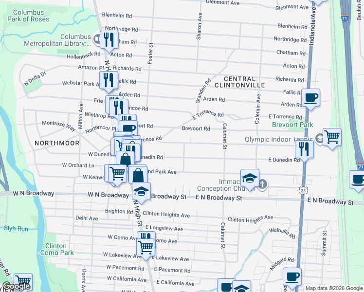 map of restaurants, bars, coffee shops, grocery stores, and more near 175 Piedmont Road in Columbus