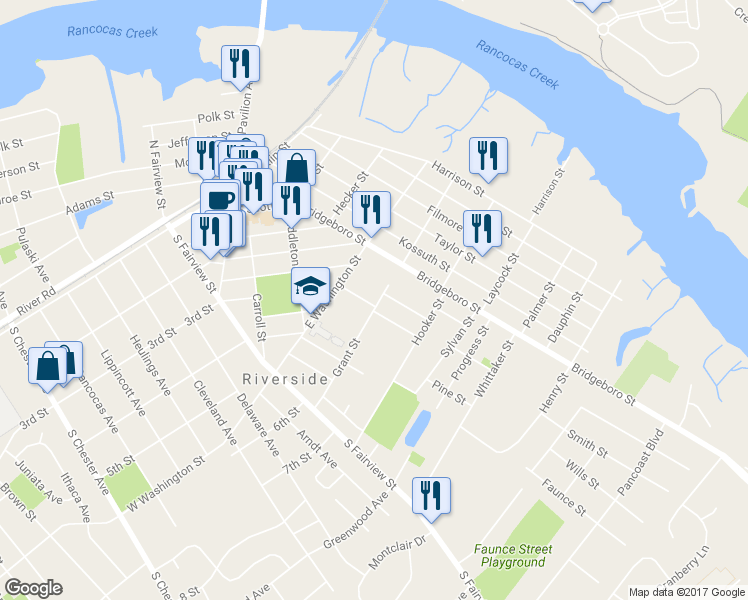 map of restaurants, bars, coffee shops, grocery stores, and more near 218 Paine Street in Riverside