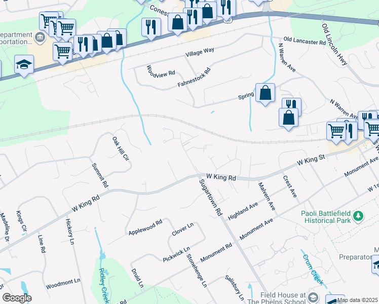 map of restaurants, bars, coffee shops, grocery stores, and more near 45 Landmark Drive in Malvern