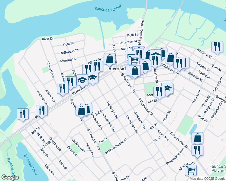 map of restaurants, bars, coffee shops, grocery stores, and more near 201 Cleveland Avenue in Riverside