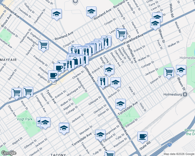 map of restaurants, bars, coffee shops, grocery stores, and more near 4240 Aldine Street in Philadelphia