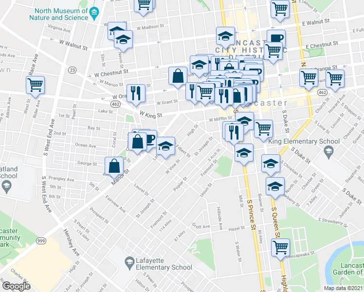 map of restaurants, bars, coffee shops, grocery stores, and more near 470 High St in Lancaster